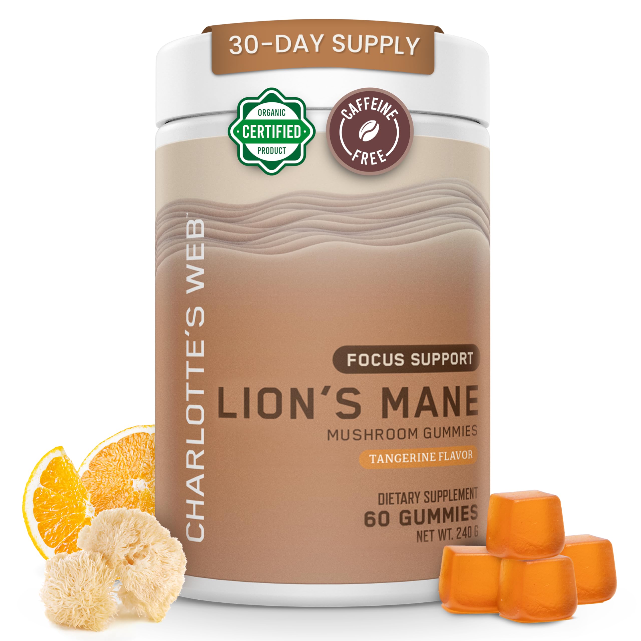Charlotte's Web Focus Support Mushroom Gummies bottle with Lion’s Mane and Tangerine flavor