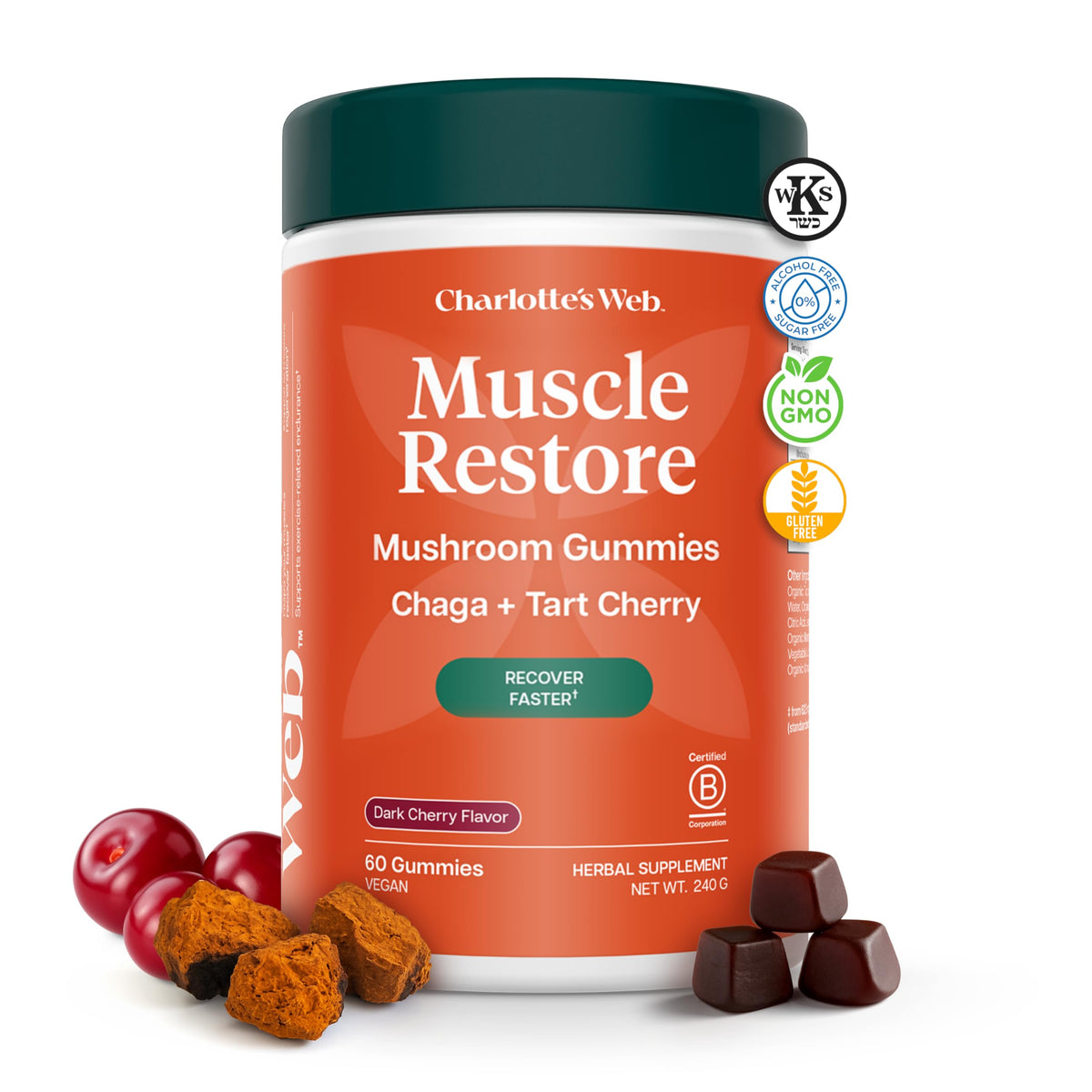 Bottle of Charlotte's Web Muscle Restore Gummies with dark cherry flavor