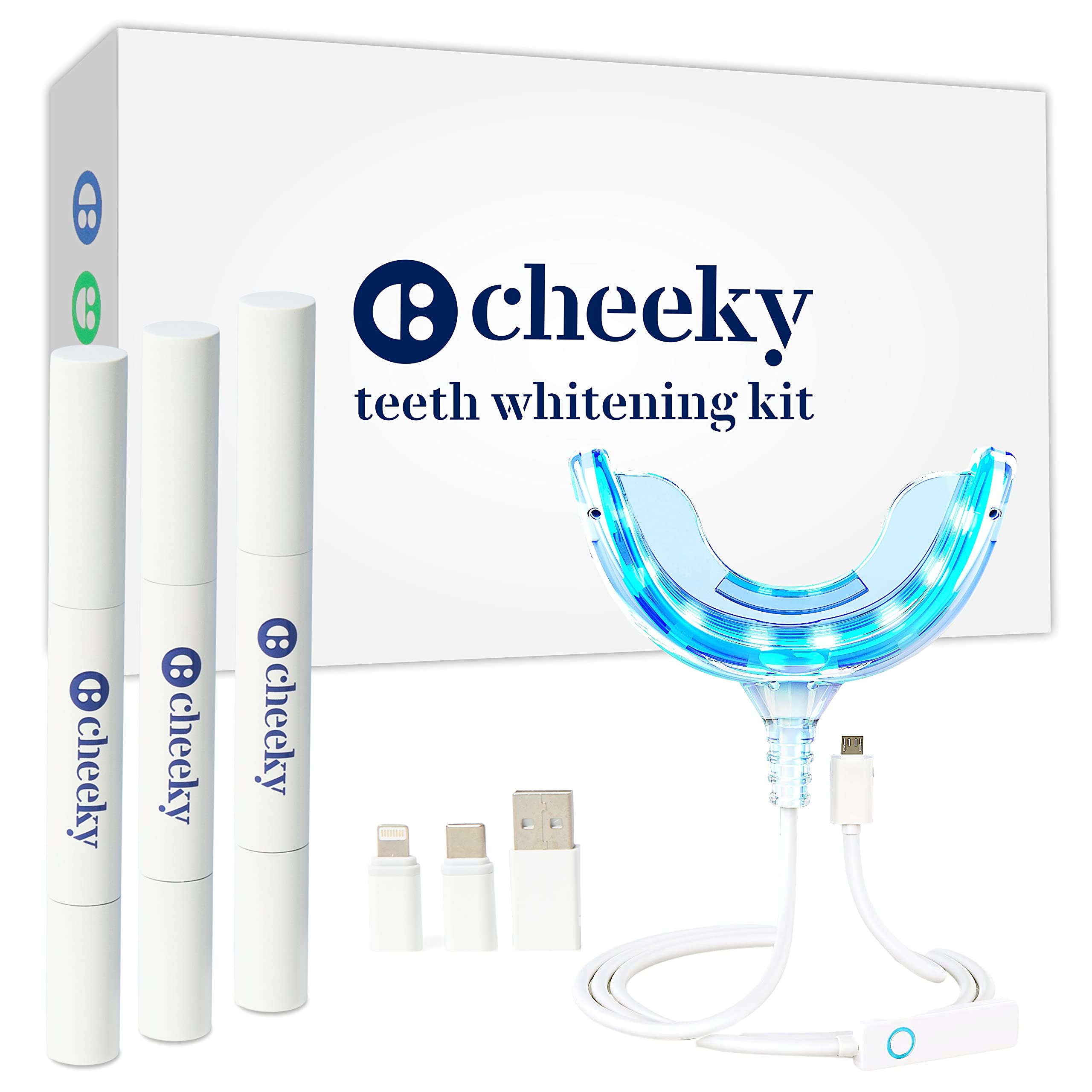 Cheeky LED Teeth Whitening Kit components including mouthpiece and gel