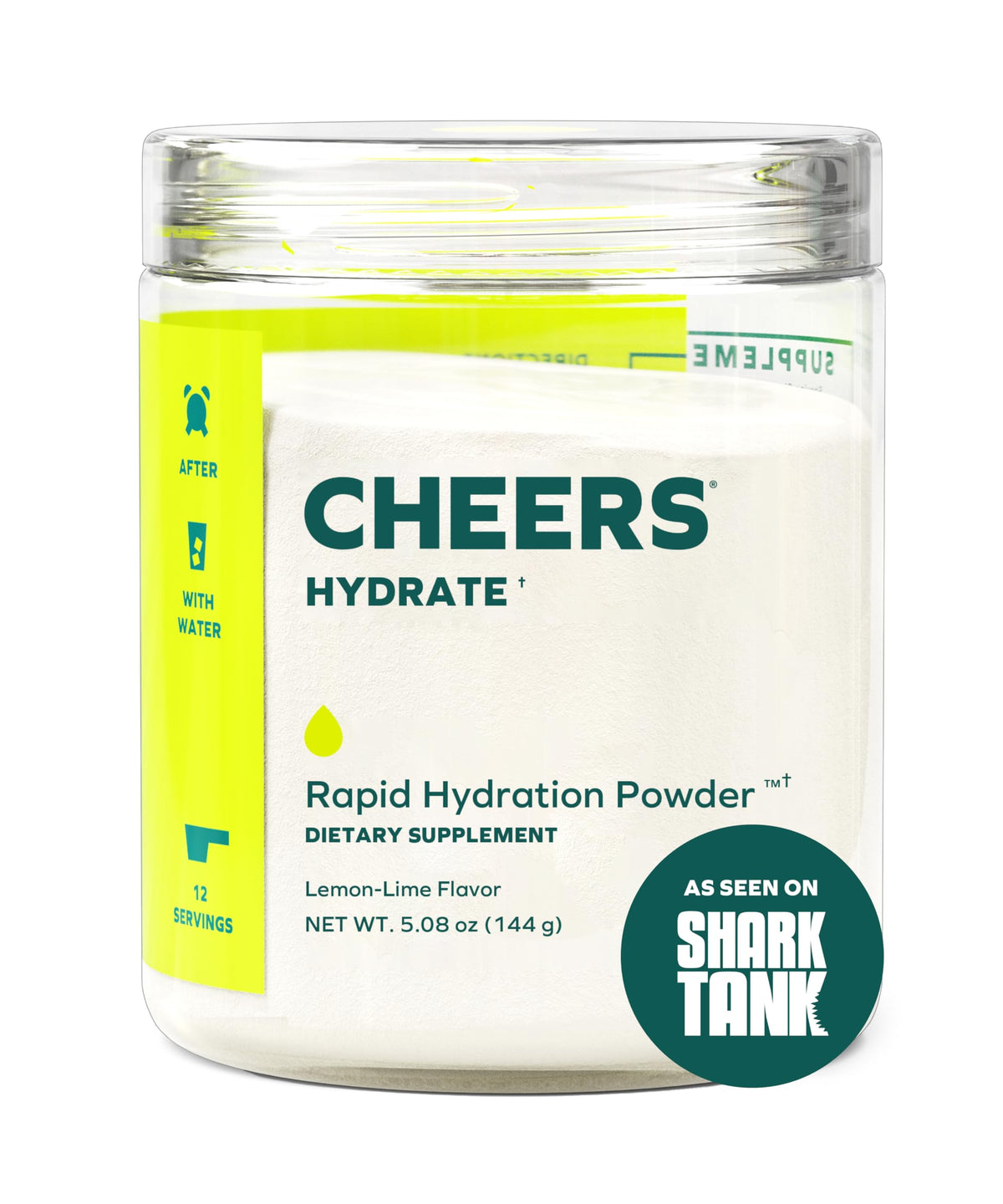 Cheers Hydrate powder scoop close-up ready to mix for rapid hydration.