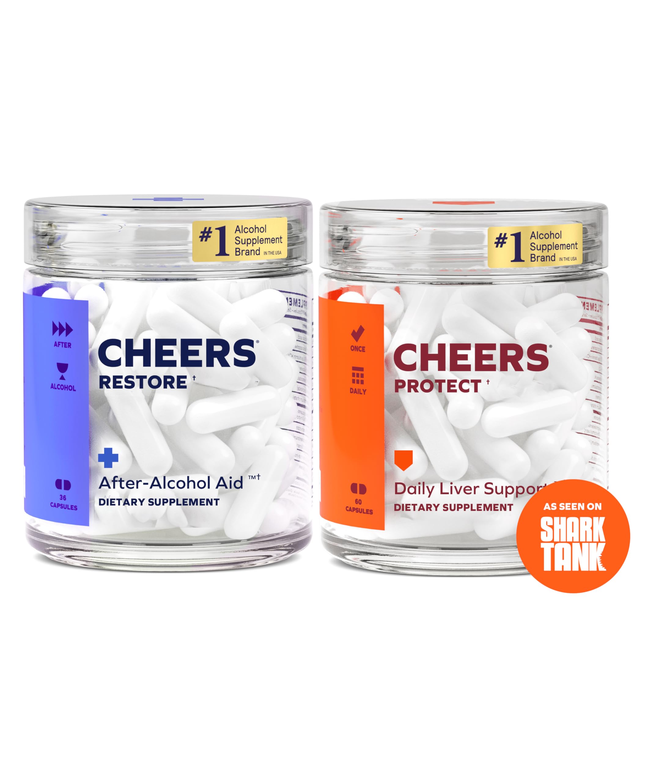 Cheers Liver Combo bottle showing Restore and Protect capsules