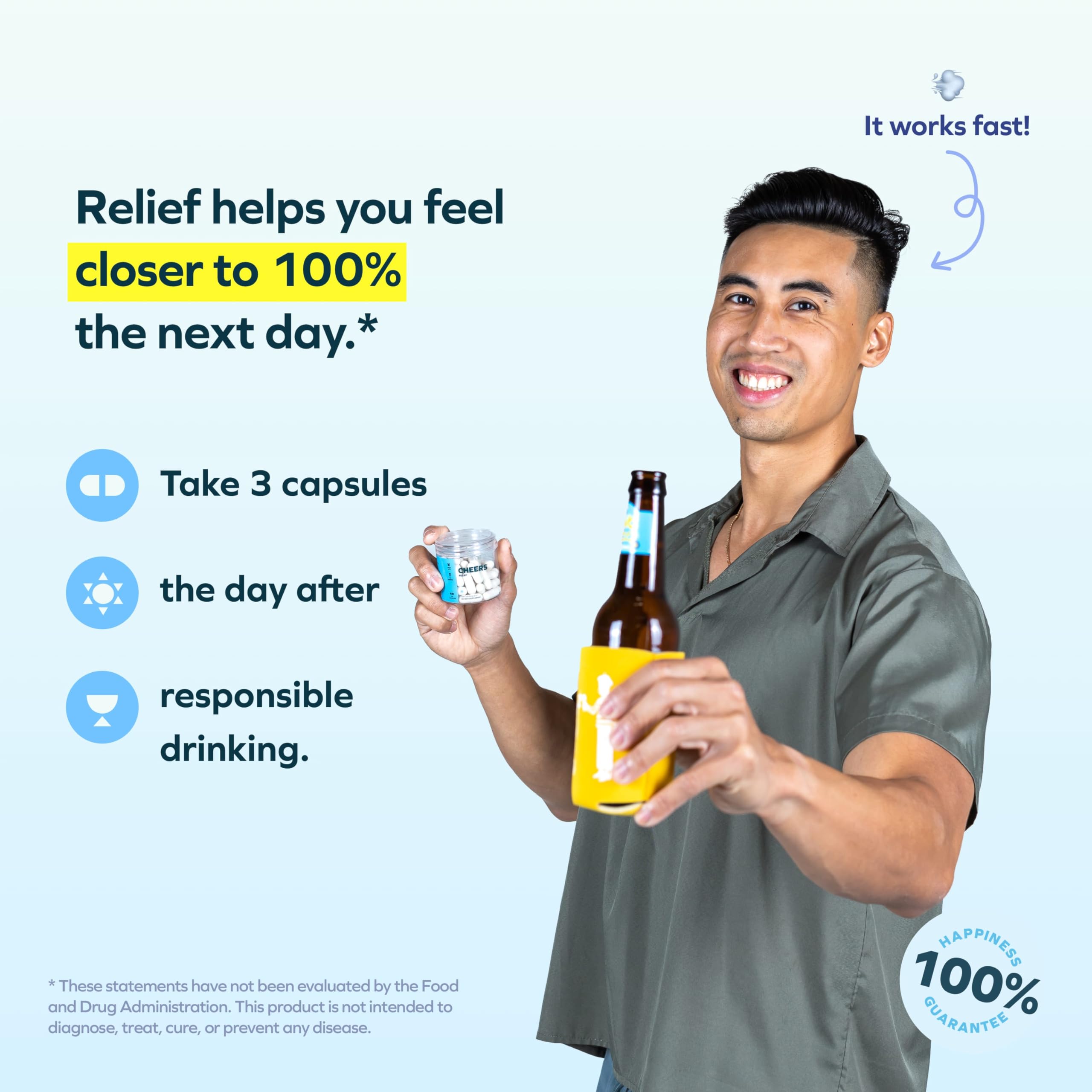 Close-up of Cheers Relief bottle with 12-dose packaging