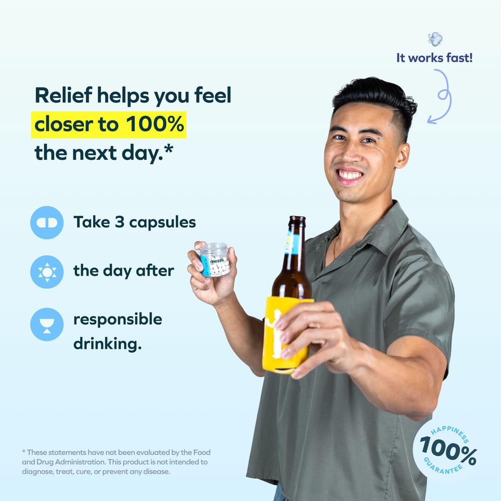 Close-up of Cheers Relief bottle with 12-dose packaging