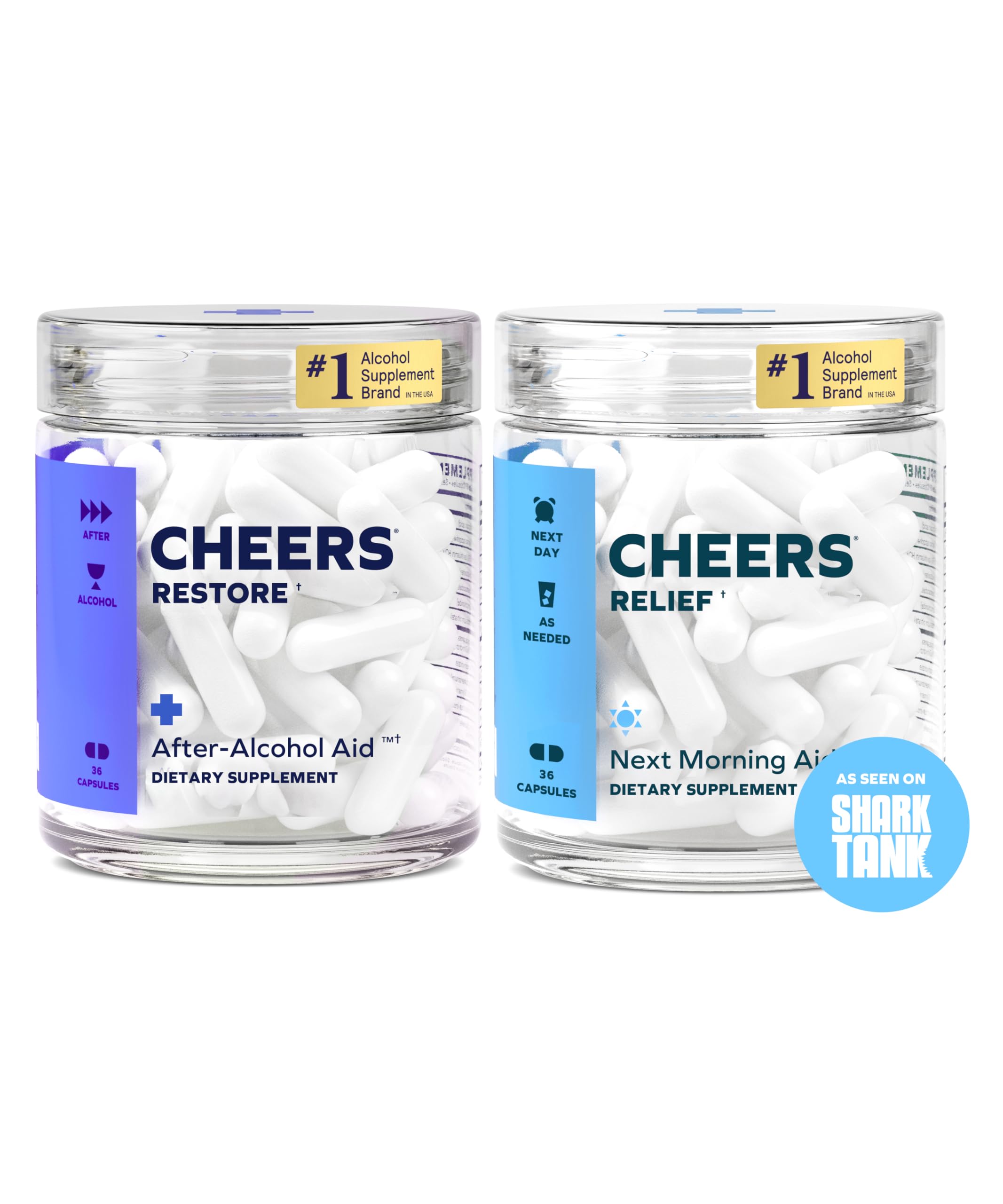 Cheers Restore capsule bottle showcasing the patented formula