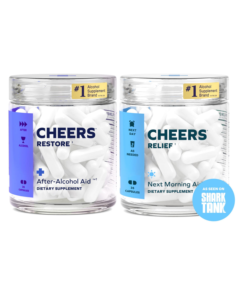 Cheers Restore capsule bottle showcasing the patented formula