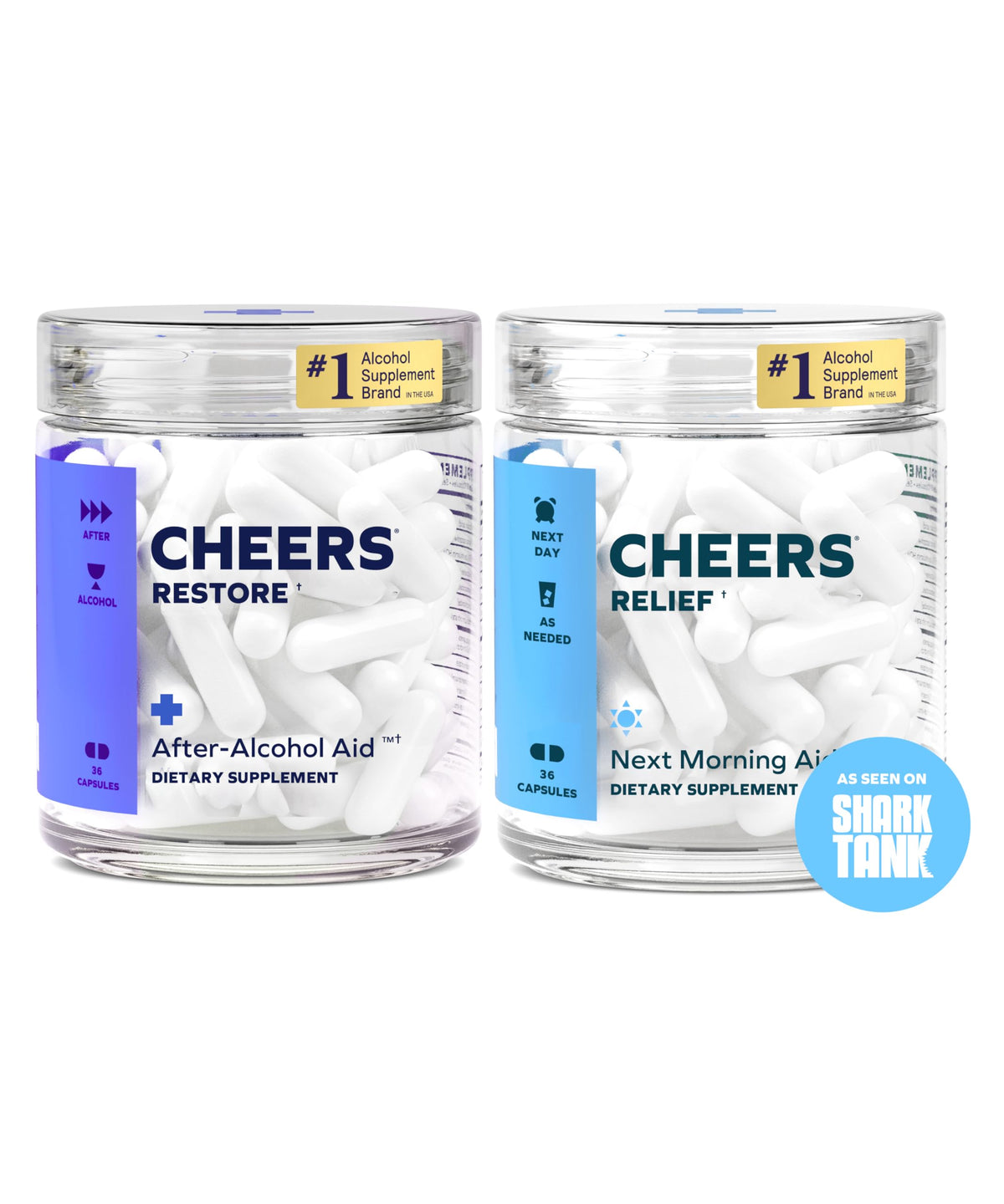 Cheers Restore capsule bottle showcasing the patented formula