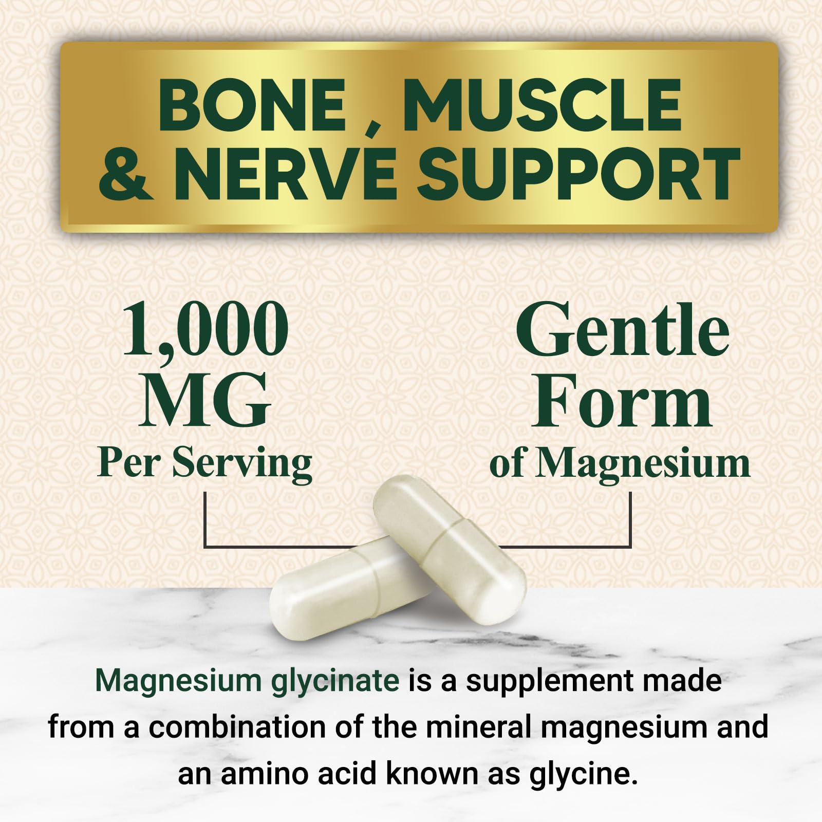 Graphic showing chelated magnesium glycinate 1000mg