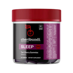 Cheribundi Tart Cherry Gummies Sleep bottle and gummies on a white background