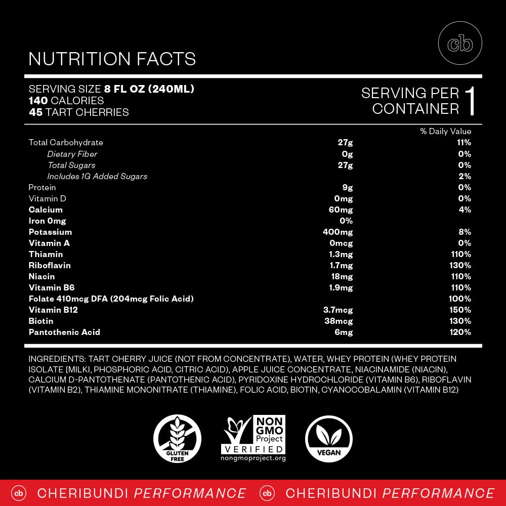 Whey protein and tart cherry ingredients label