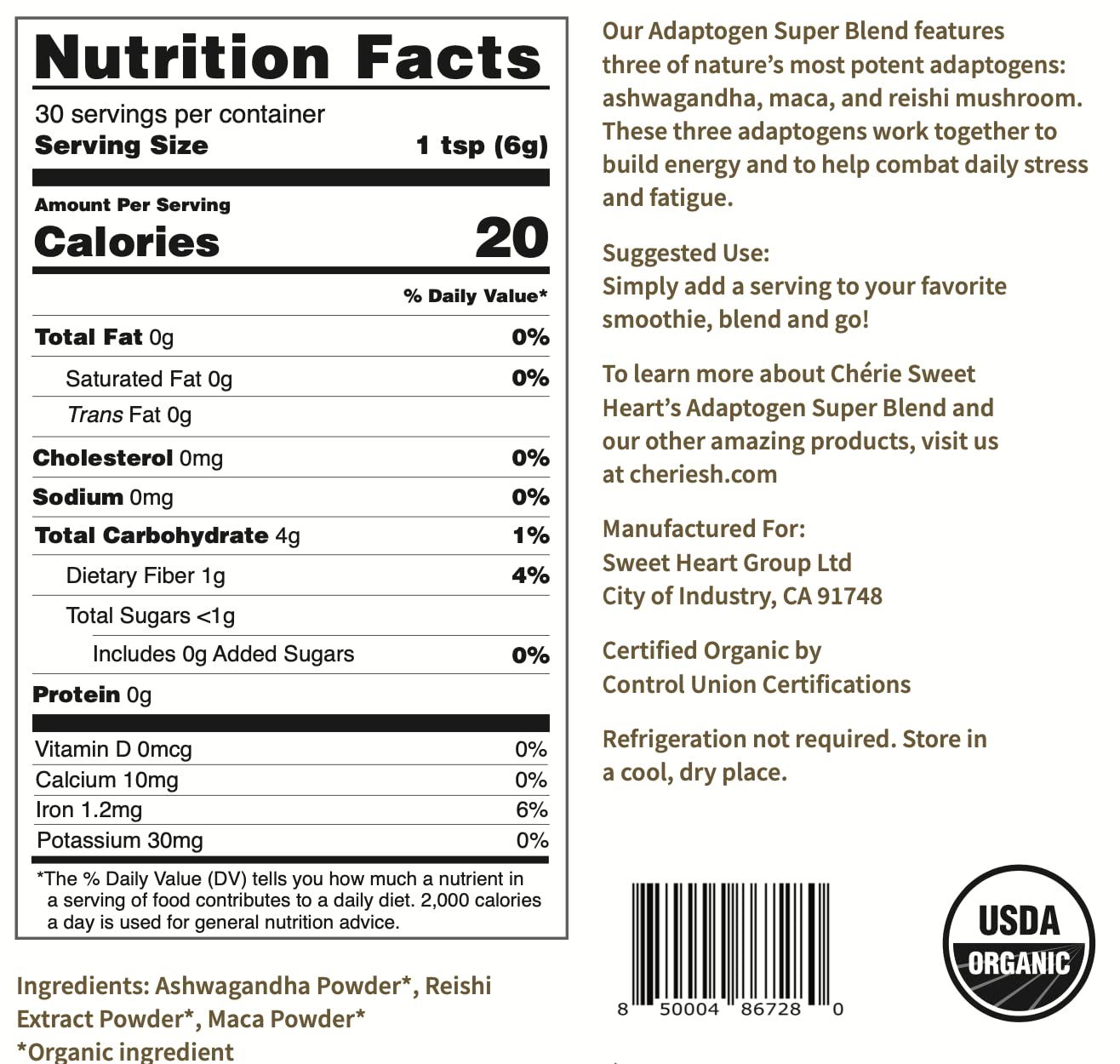 Packaging of Cherie Sweet Heart Adaptogen Super Blend showing USDA Organic, Non-GMO, vegan, gluten-free labels