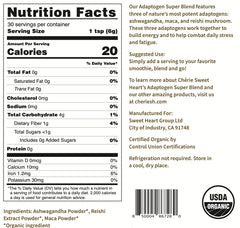 Packaging of Cherie Sweet Heart Adaptogen Super Blend showing USDA Organic, Non-GMO, vegan, gluten-free labels