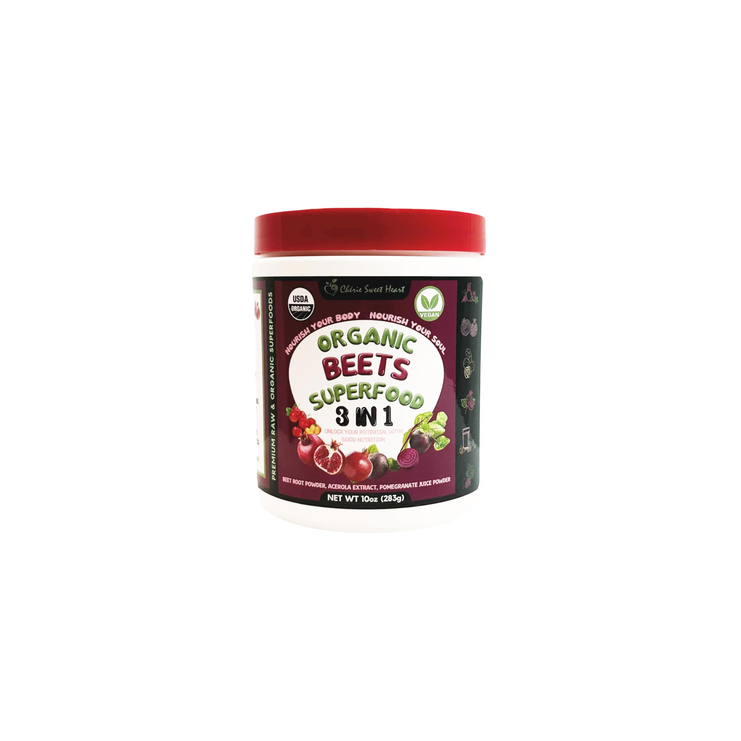 Cherie Sweet Heart beets superfood powder label highlights cardio-support ingredients.