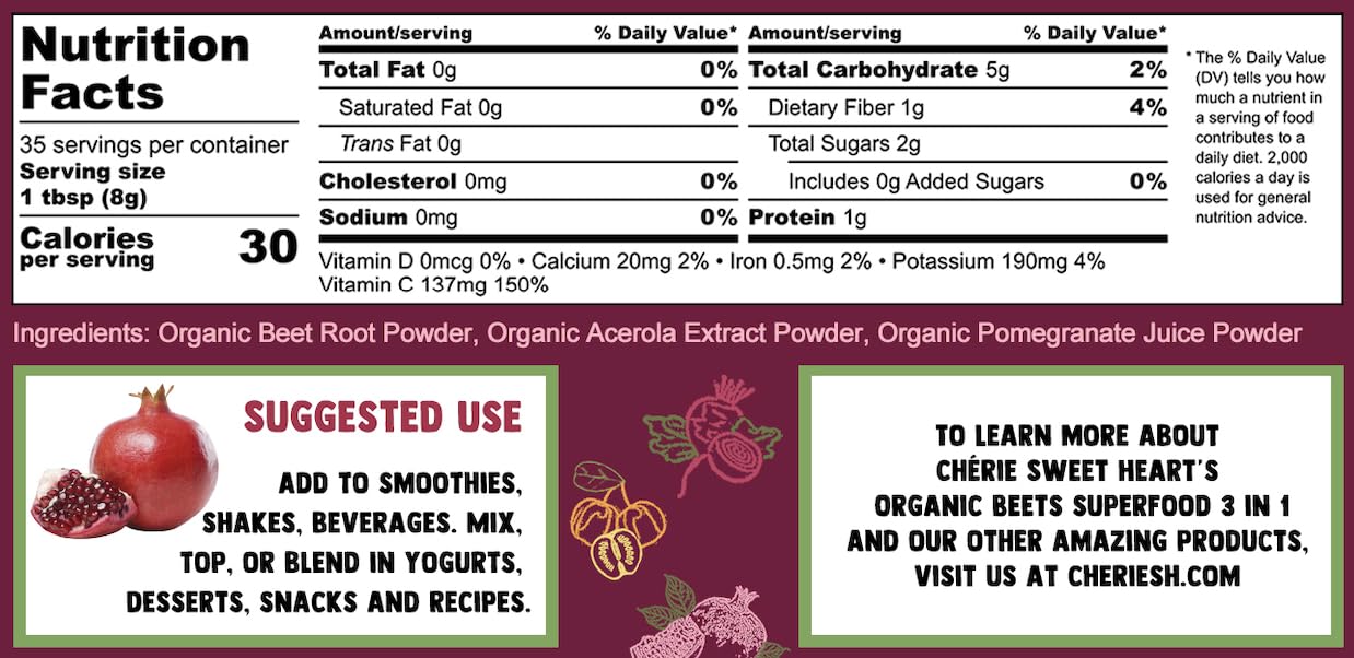 Cherie Sweet Heart beets powder smoothie glass shows vibrant, vitality-boosting blend.