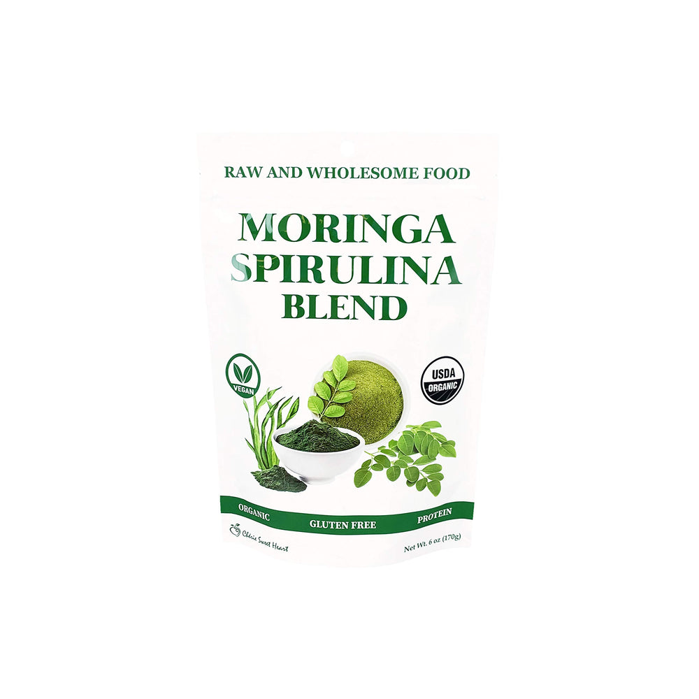 Packaging of Cherie Sweet Heart Organic Moringa & Spirulina Blend 6 oz bag