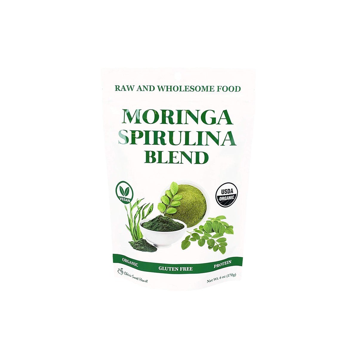 Packaging of Cherie Sweet Heart Organic Moringa & Spirulina Blend 6 oz bag