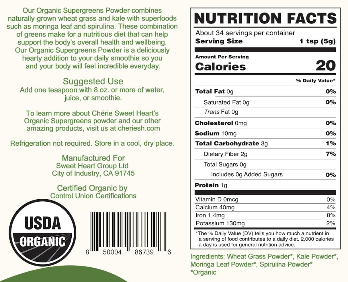 Ingredients list for Cherie Sweet Heart Supergreens Powder