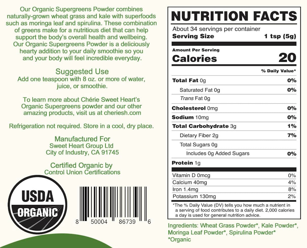 Ingredients list for Cherie Sweet Heart Supergreens Powder