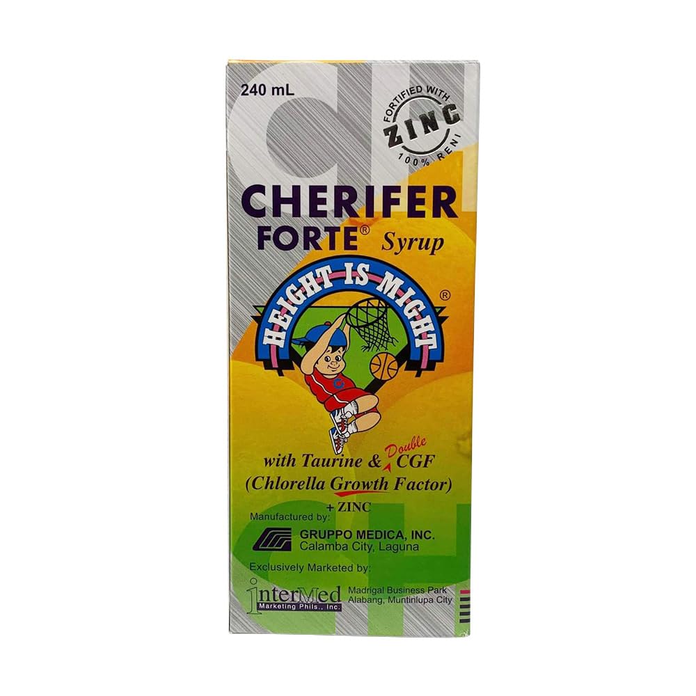 Front view of Cherifer Forte Syrup 240 ml bottle, orange flavor