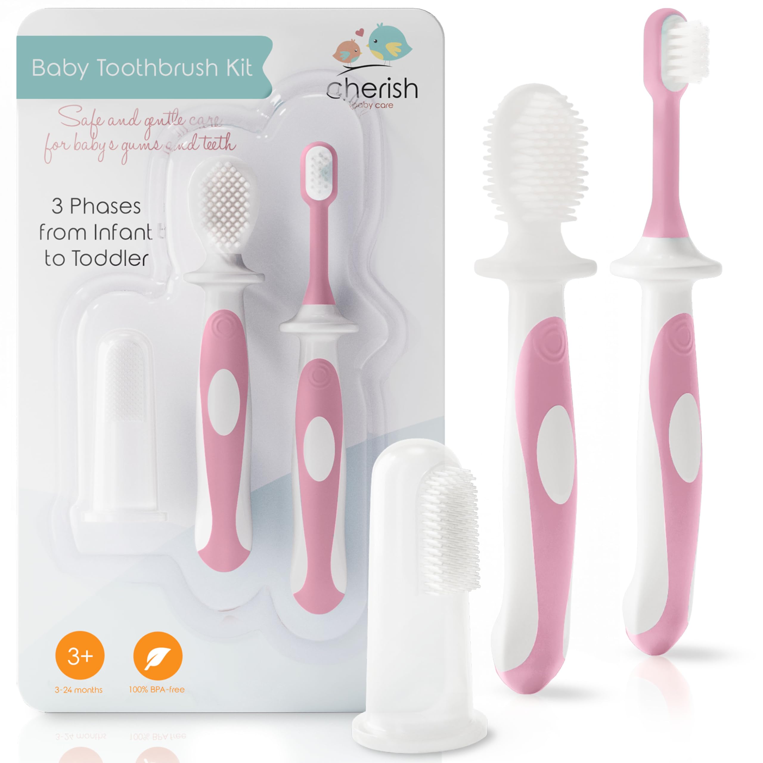 Side view of Cherish Baby Care pink finger brush
