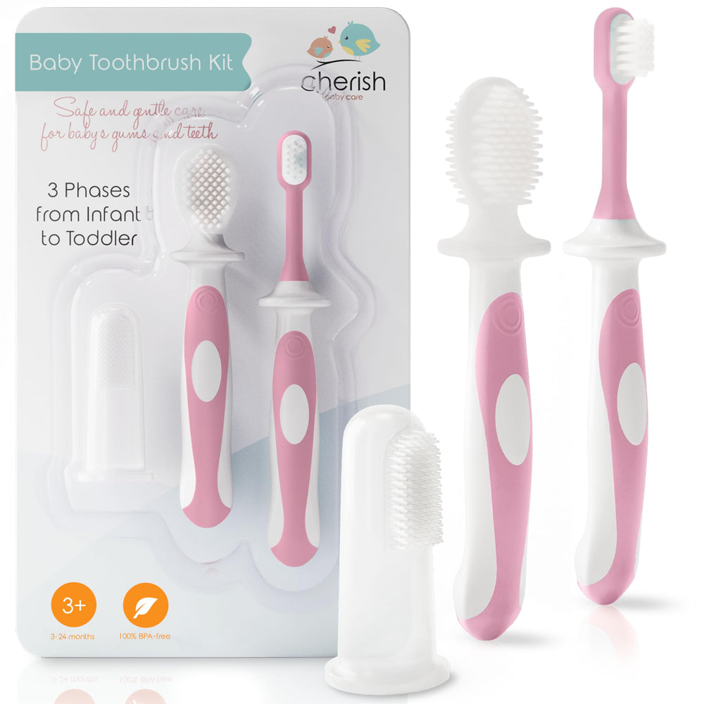 Side view of Cherish Baby Care pink finger brush