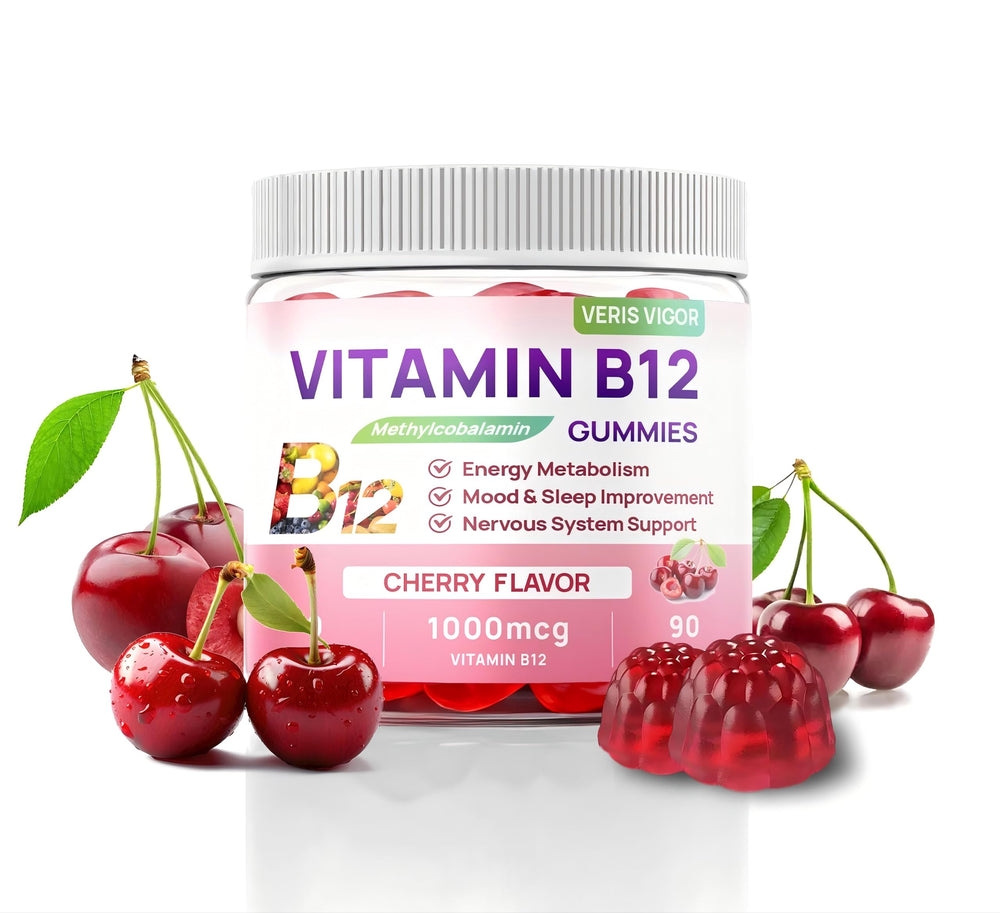 Cherry-flavored vegan B12 gummies with 1000 mcg methylcobalamin
