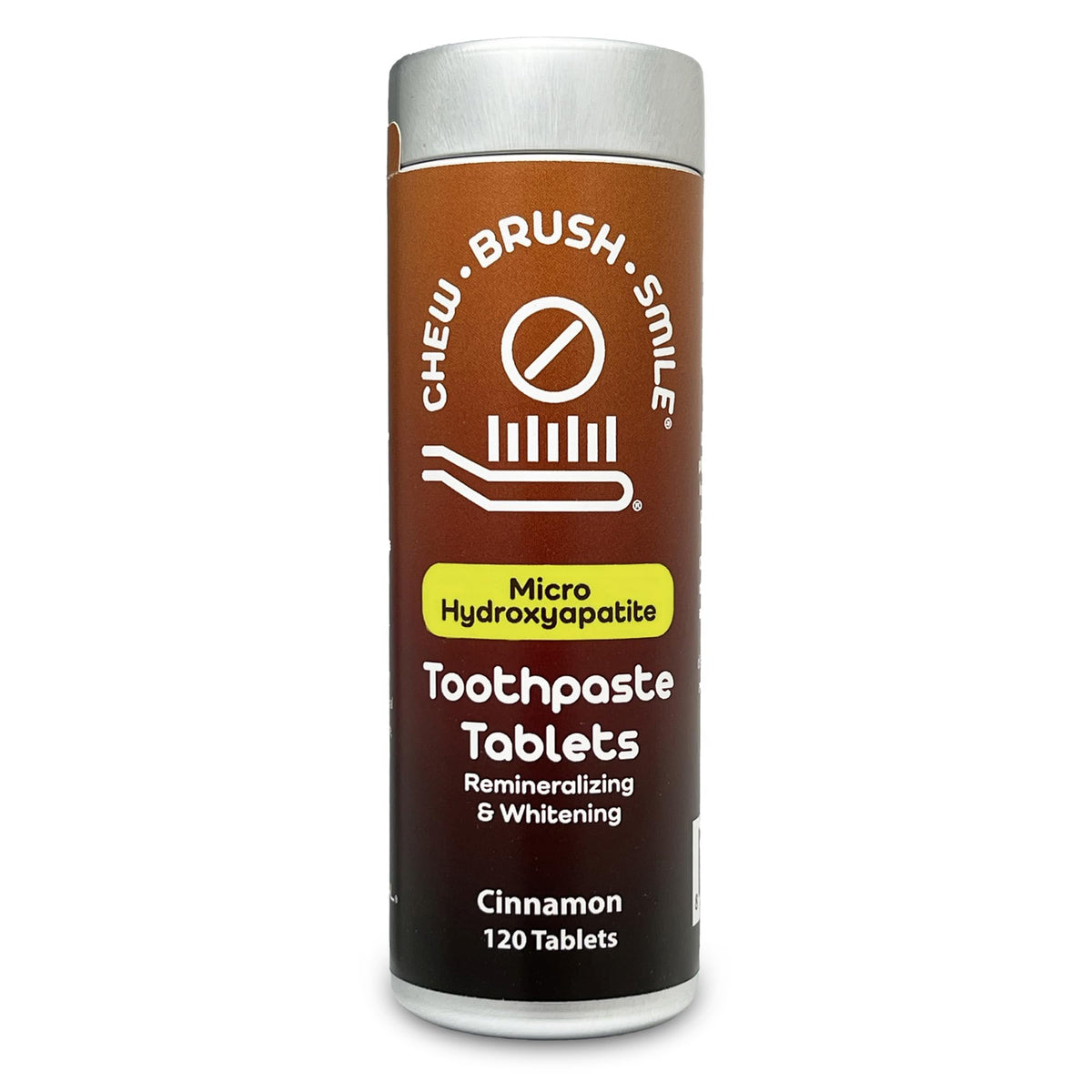 Chew Brush Smile Cinnamon micro hydroxyapatite toothpaste tablets in an aluminum can