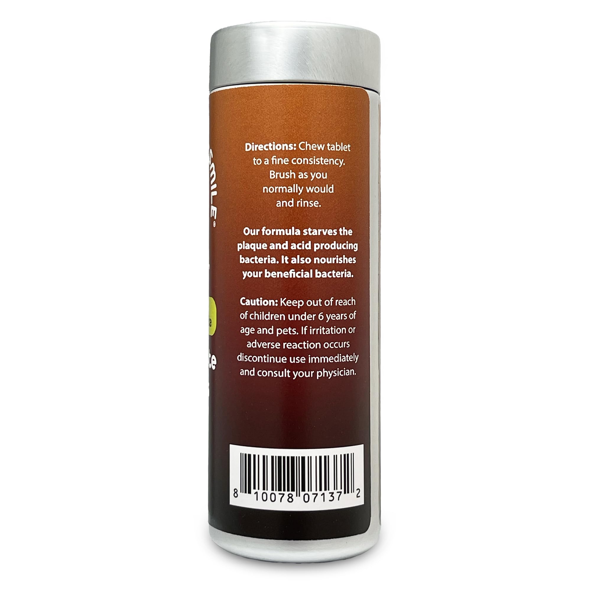 Close-up of Cinnamon-flavored toothpaste tablets in a recyclable aluminum container