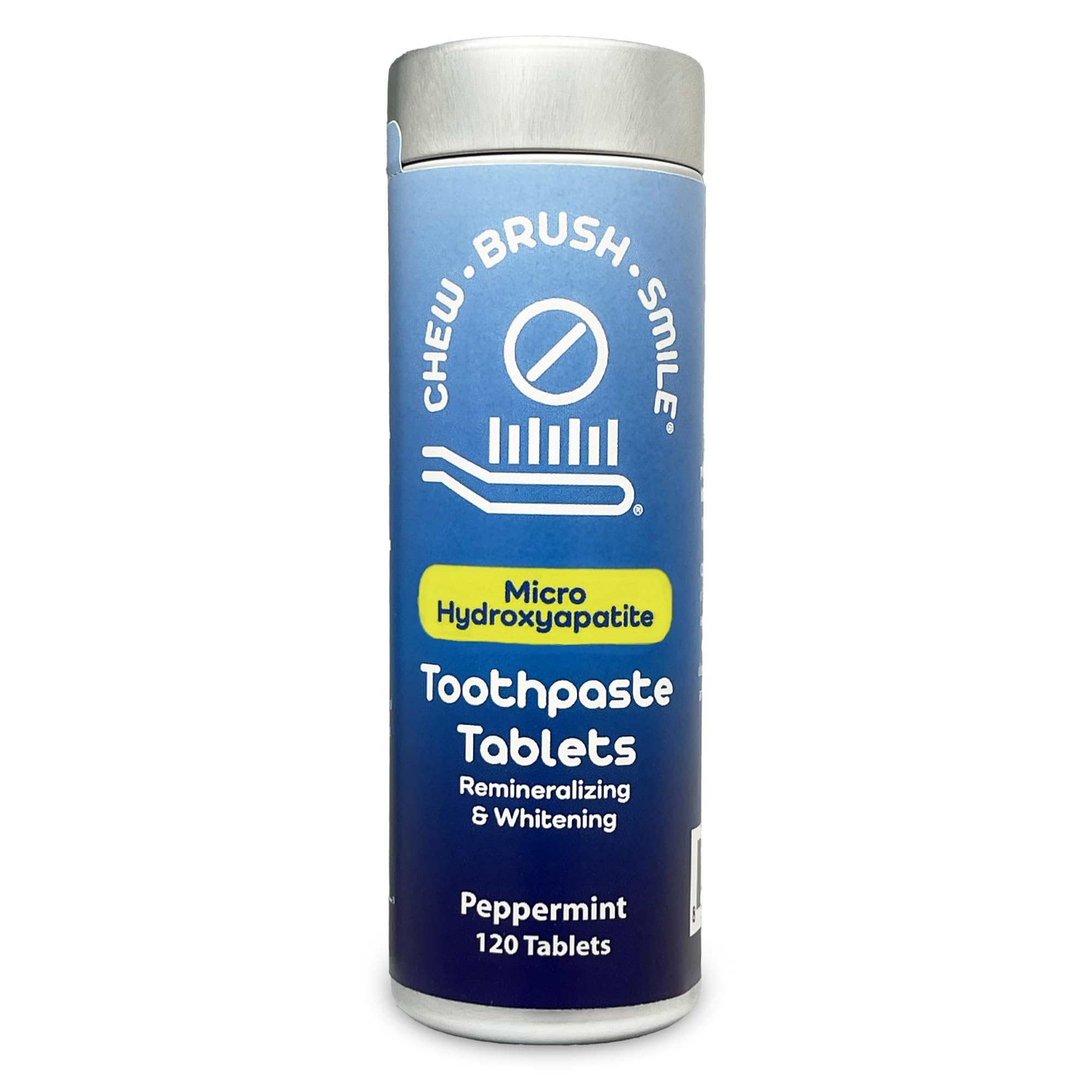 Peppermint Chew Brush Smile micro hydroxyapatite toothpaste tablets in a recyclable aluminum tin