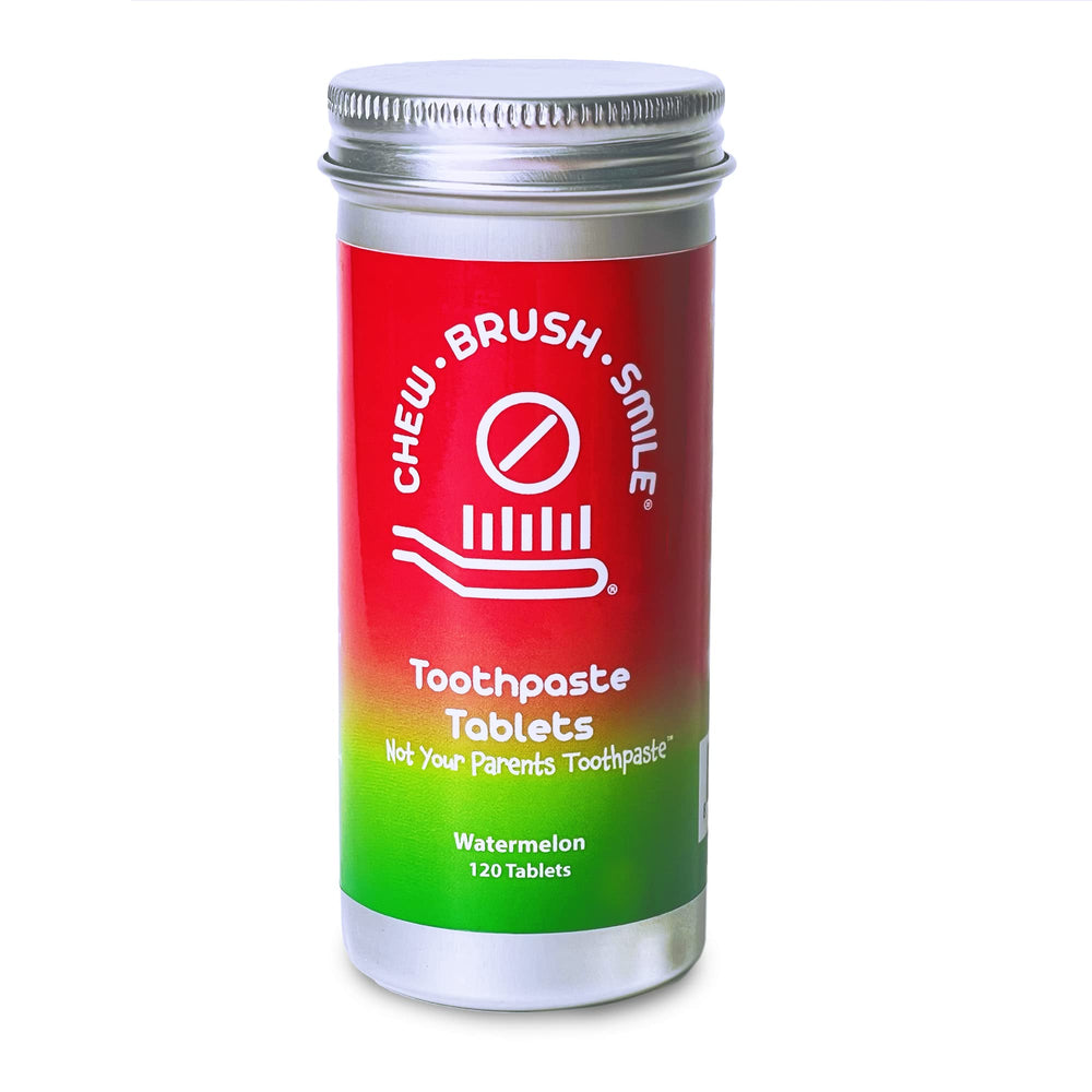 Chew Brush Smile Watermelon toothpaste tablets in aluminum canister — front view