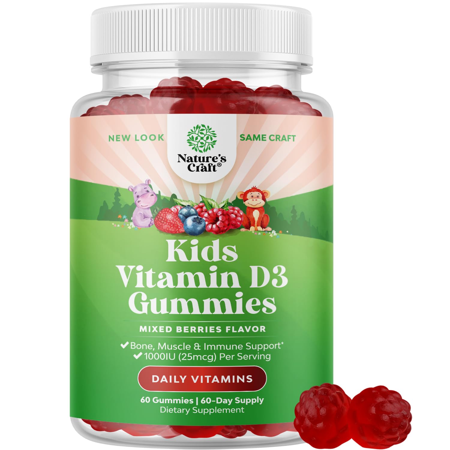 Close-up of berry-flavored chewable Vitamin D gummies for kids