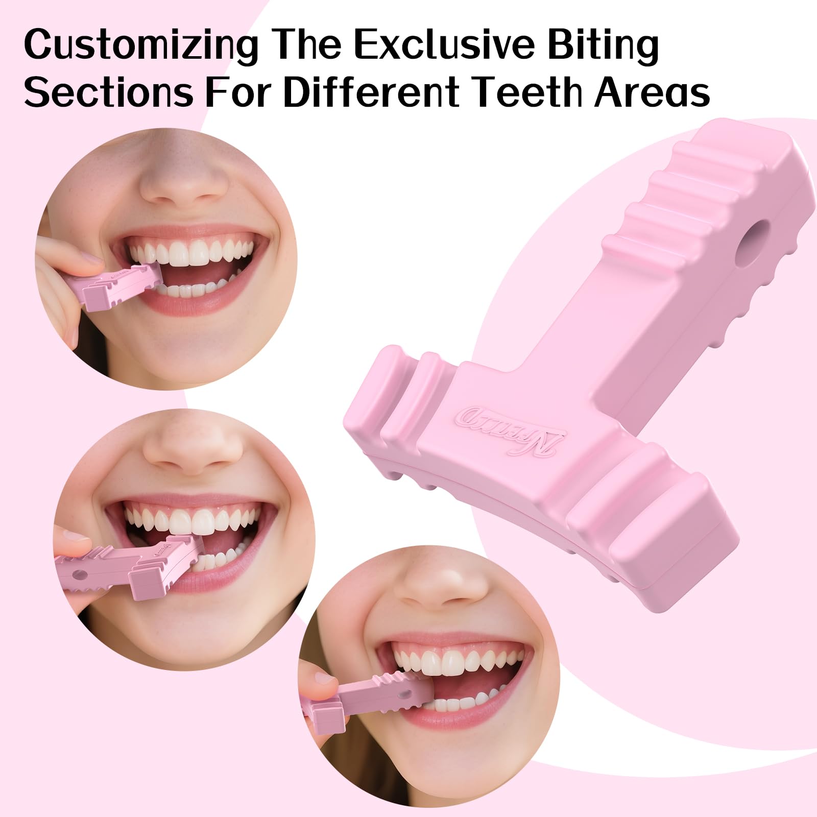 Close-up of grooved bite zones on pink aligner chewies