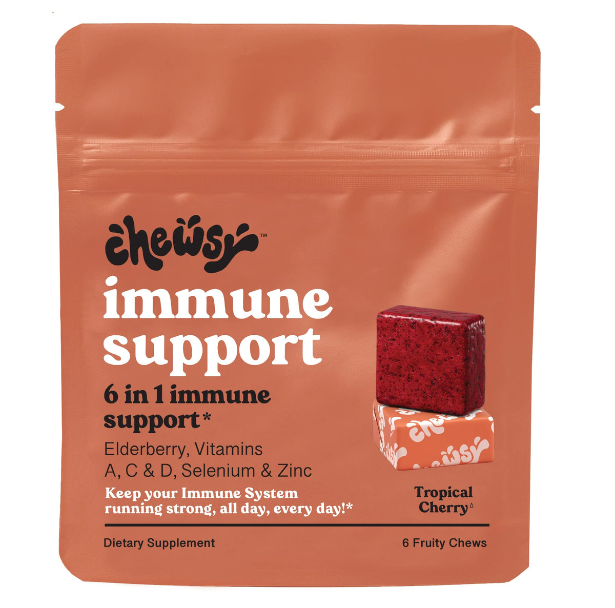 Chewsy 6-in-1 Immune Support Fruity Chews bottle label highlighting elderberry and vitamins