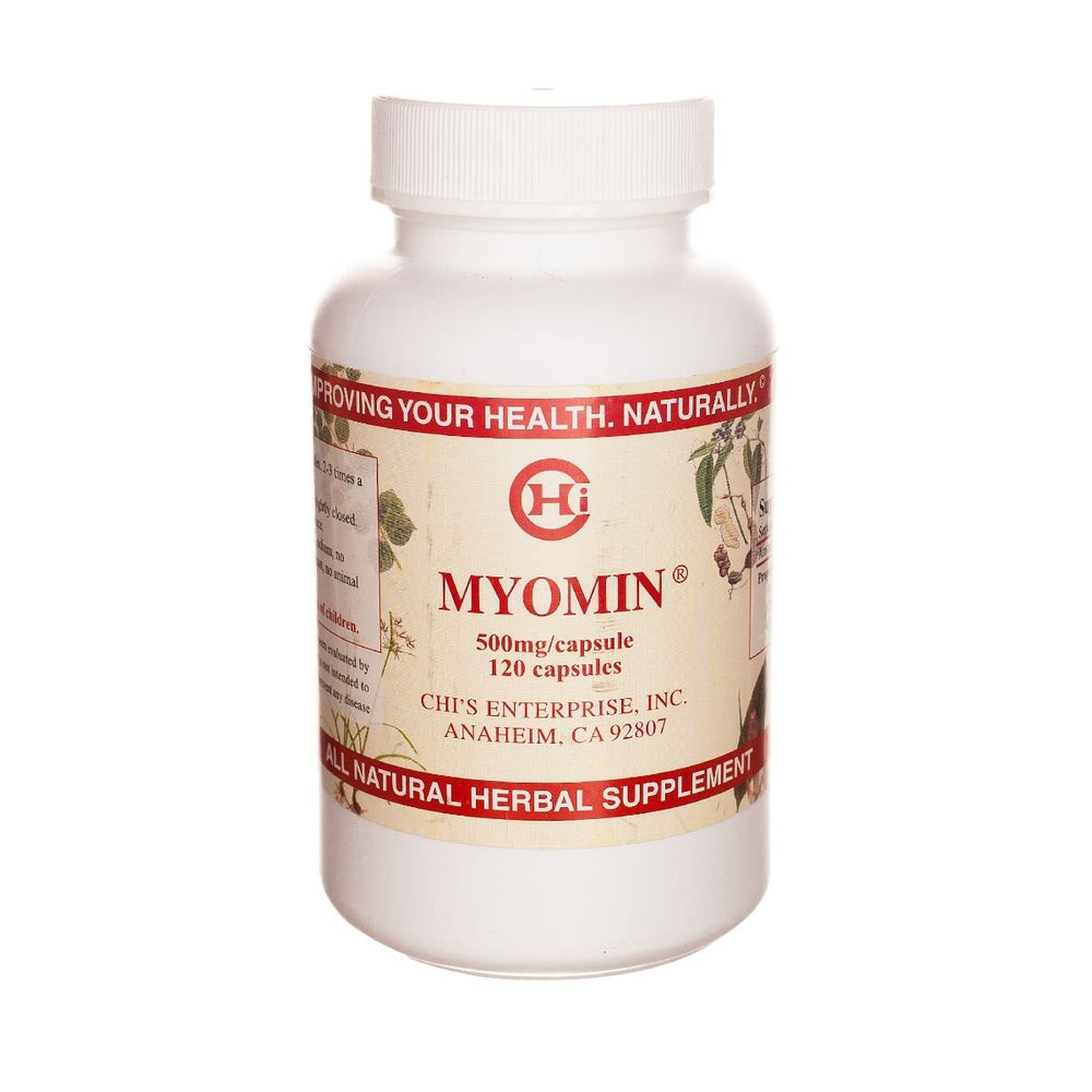 Bottle of Chi's Enterprise Myomin herbal supplement with 120 capsules, 500mg each, for hormone balance