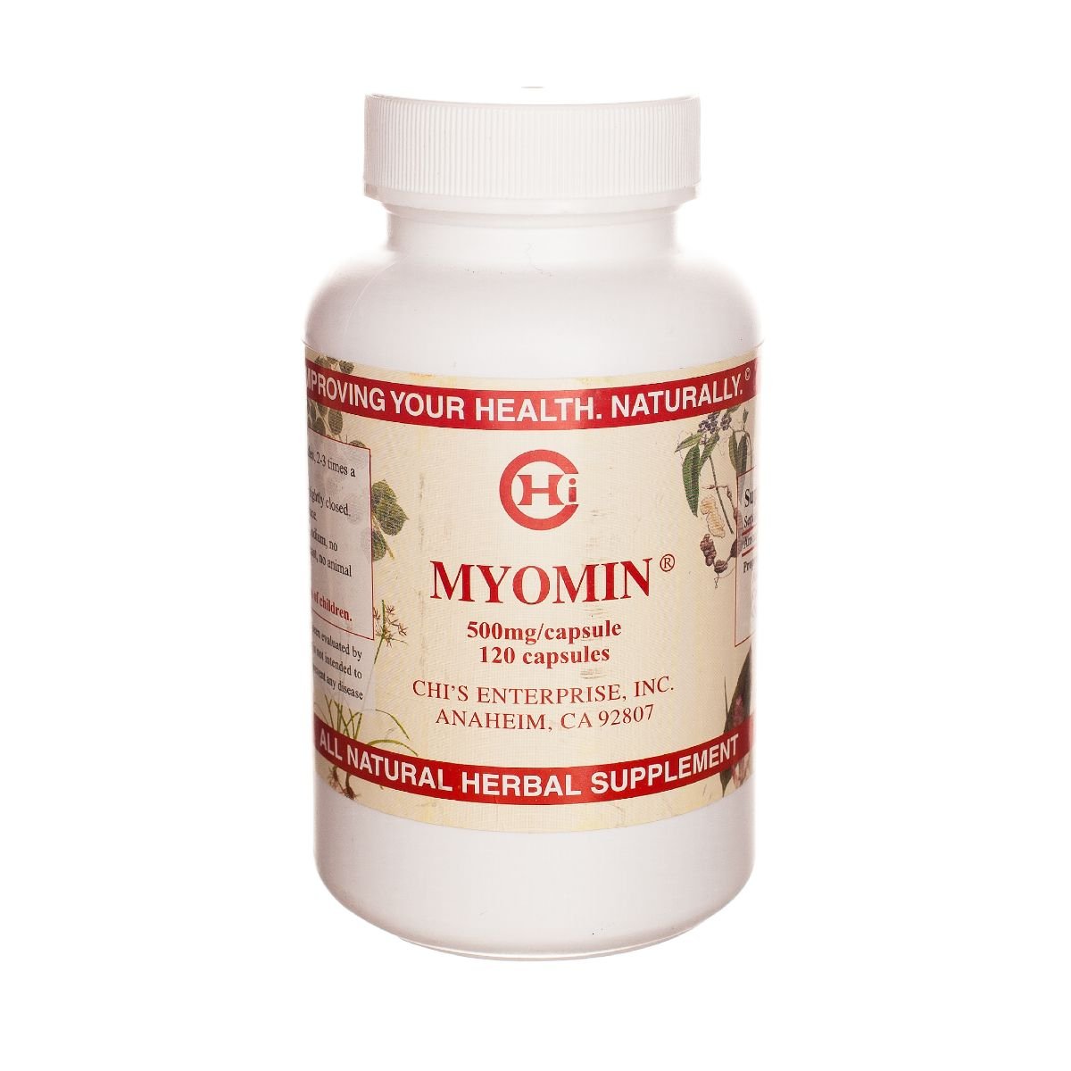Bottle of Chi's Enterprise Myomin herbal supplement with 120 capsules, 500mg each, for hormone balance