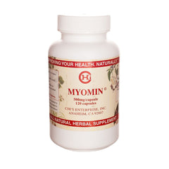 Bottle of Chi's Enterprise Myomin herbal supplement with 120 capsules, 500mg each, for hormone balance