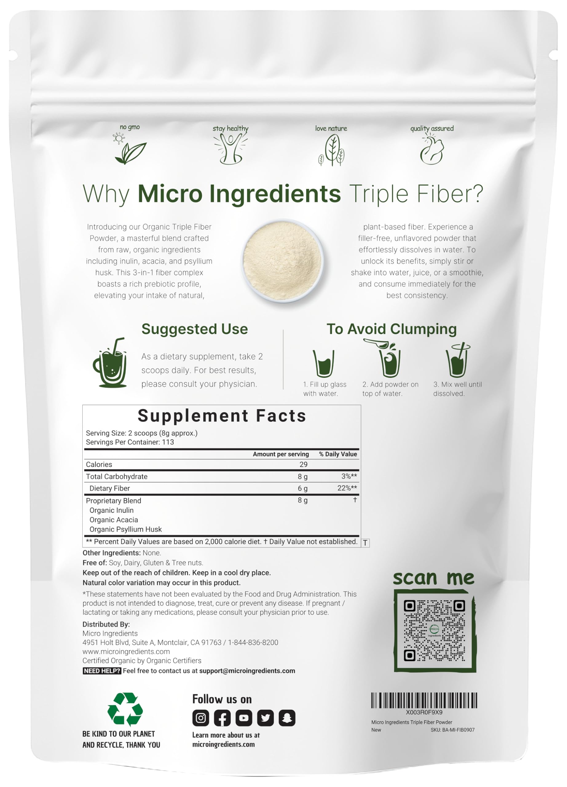 Chicory Root Inulin, Acacia Fiber, Psyllium Husks 3-in-1 blend
