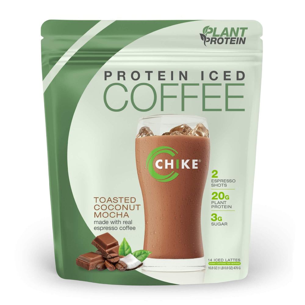 CHIKE Toasted Coconut Mocha protein iced coffee bottle pour for on-the-go energy
