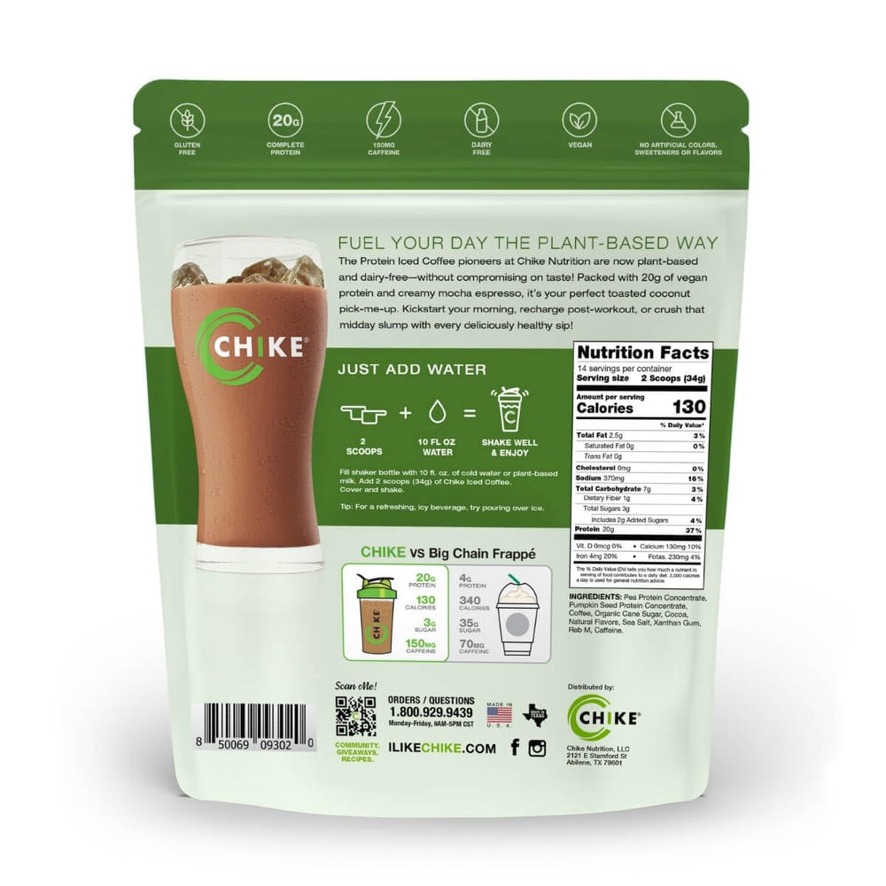 CHIKE Toasted Coconut Mocha iced coffee close-up showing espresso and plant protein