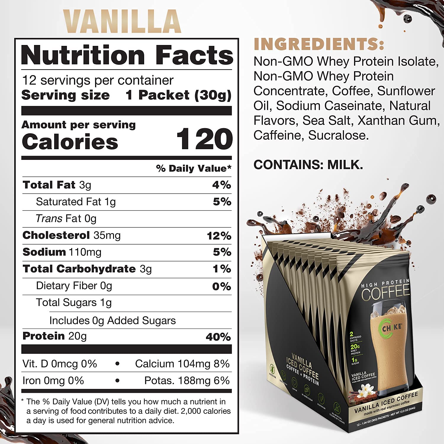 Close-up of CHIKE Vanilla Iced Coffee label showing 20g protein