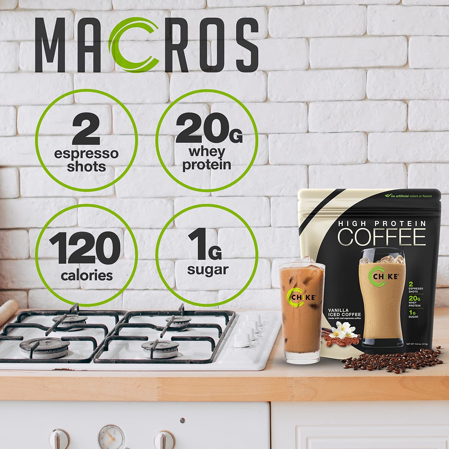 Single-serve CHIKE Vanilla Iced Coffee packets arranged for display