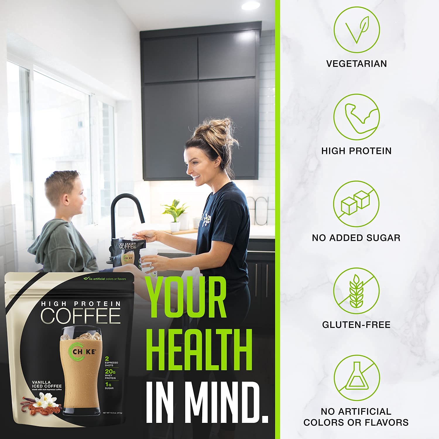 Real espresso imagery on CHIKE Vanilla High Protein Iced Coffee packaging
