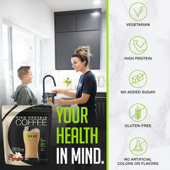 Real espresso imagery on CHIKE Vanilla High Protein Iced Coffee packaging
