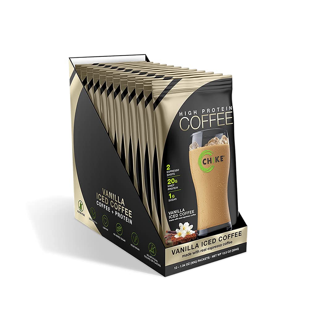 Product shot of CHIKE Vanilla High Protein Iced Coffee with espresso shots