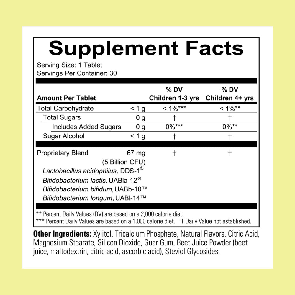 Back panel with nutrition facts for Childbiotics