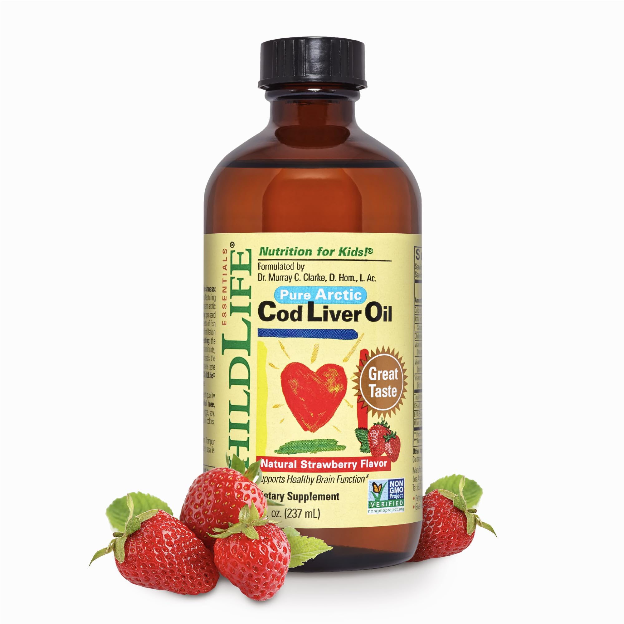 ChildLife Essentials Cod Liver Oil for Kids bottle with strawberry flavor, 8 oz