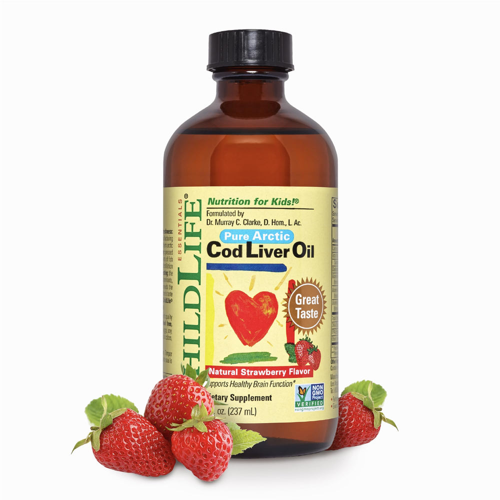 ChildLife Essentials Cod Liver Oil for Kids bottle with strawberry flavor, 8 oz