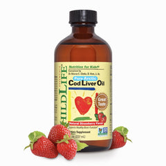 ChildLife Essentials Cod Liver Oil for Kids bottle with strawberry flavor, 8 oz