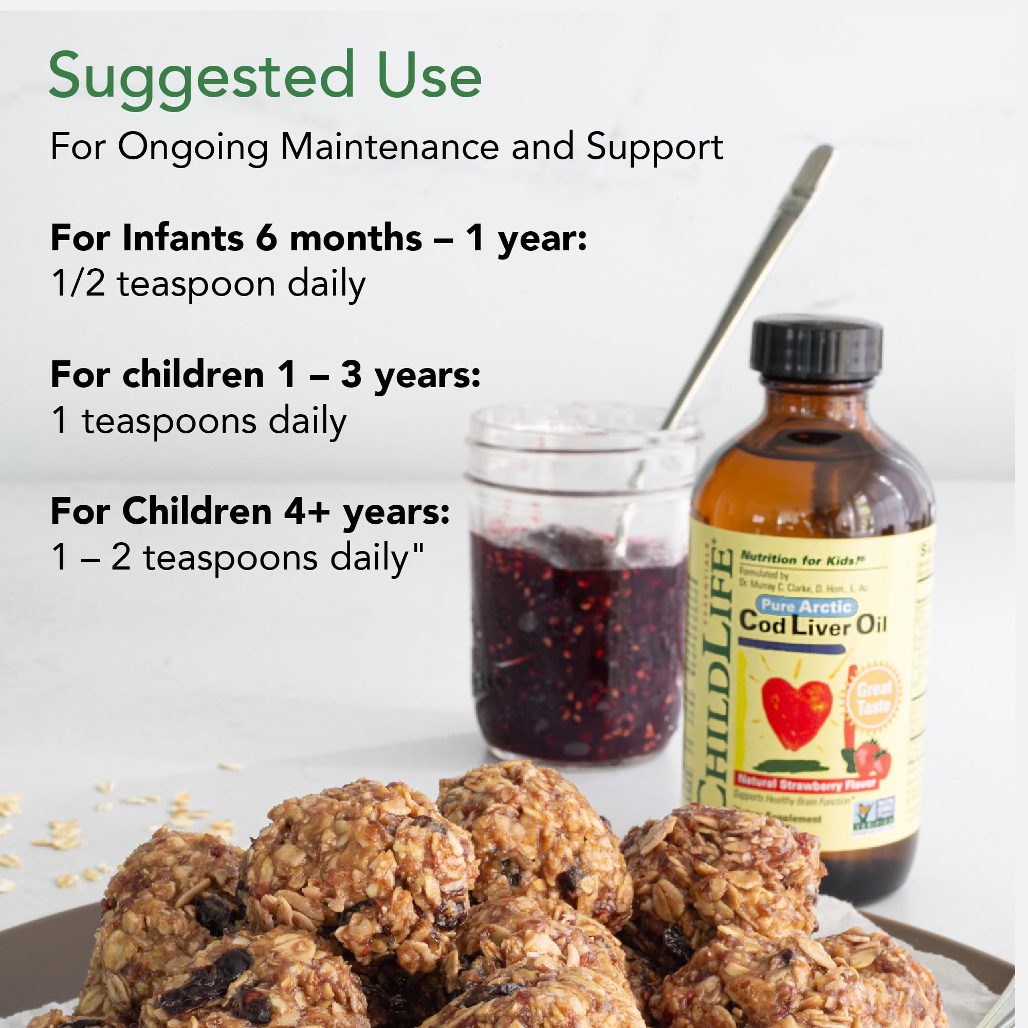 8 oz bottle of strawberry-flavored cod liver oil on kitchen counter