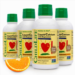 Front view of ChildLife Essentials liquid calcium for kids orange flavor 16oz 4-pack