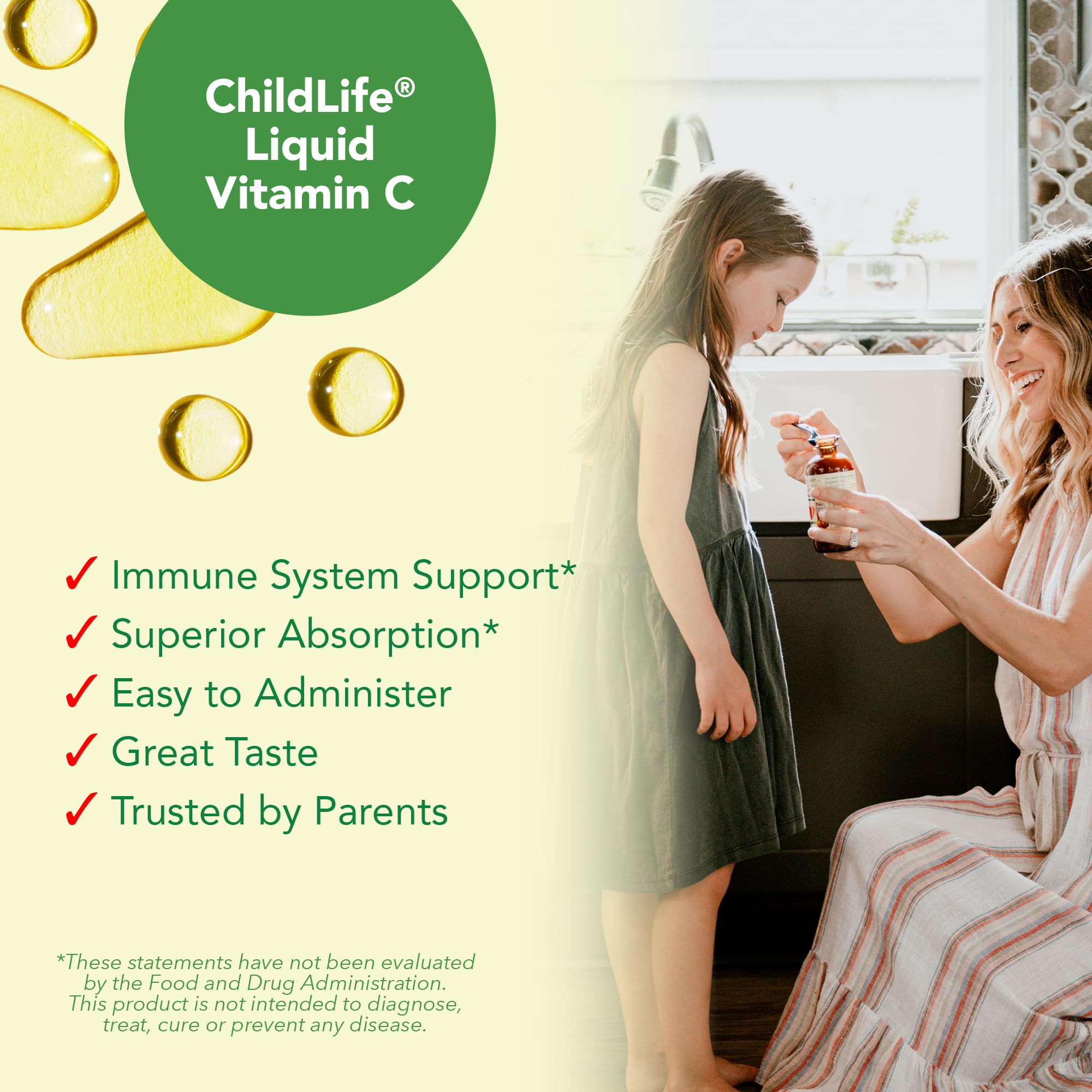 Ingredients and allergen-free certifications on CHILDLIFE Essentials Vitamin C bottle